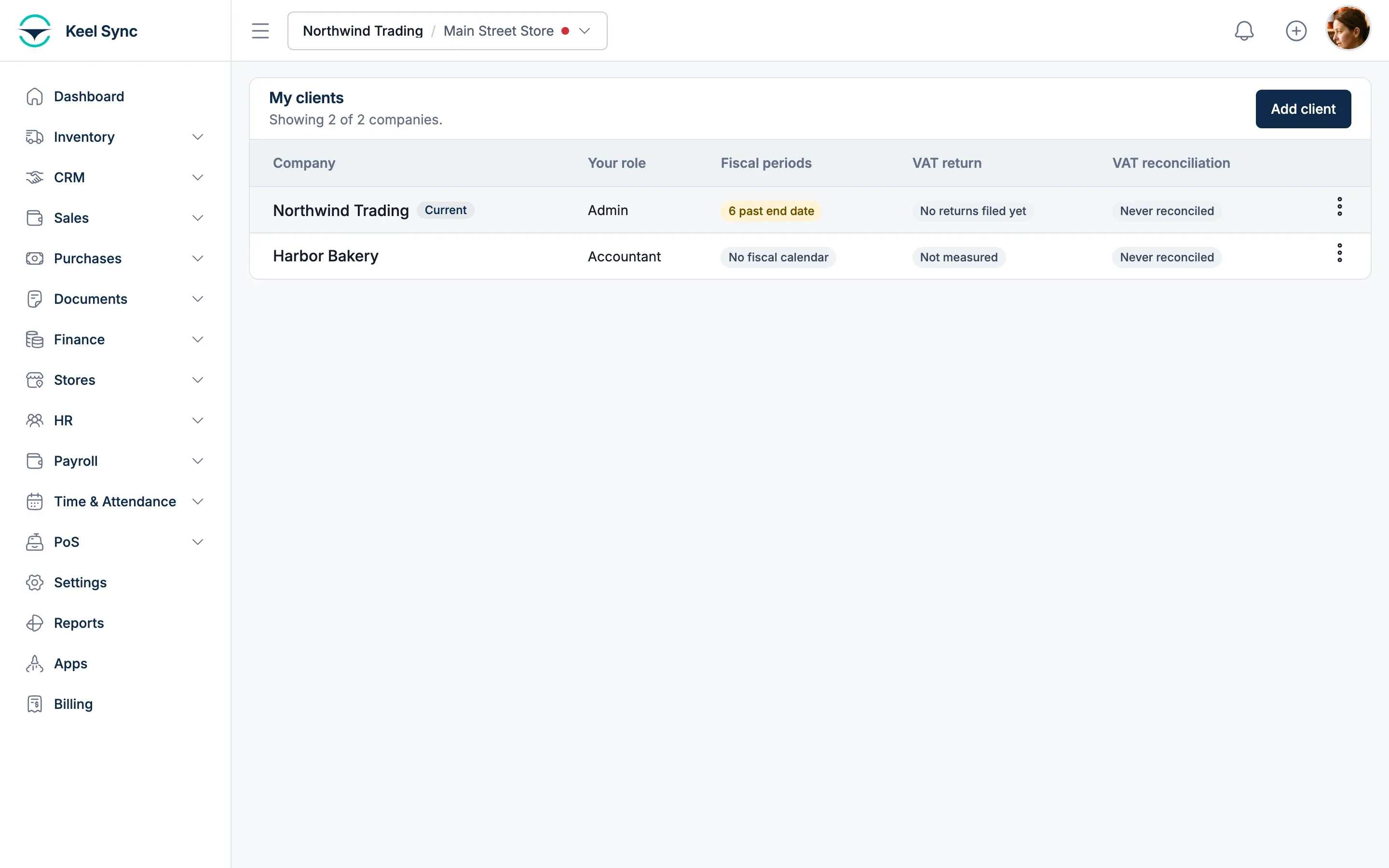 The Keel Sync client list for an accounting firm: each company with your role, fiscal periods, VAT return and reconciliation status