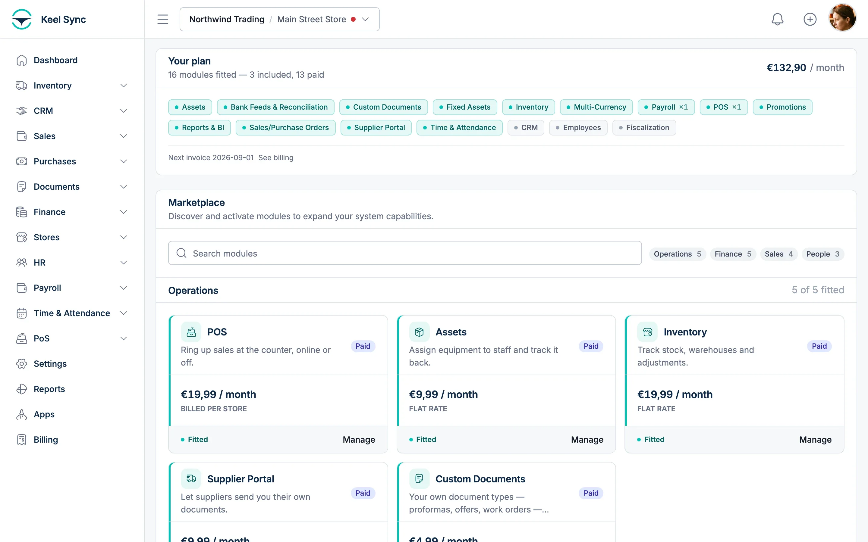 The Keel Sync module marketplace: the active plan and the modules available to switch on