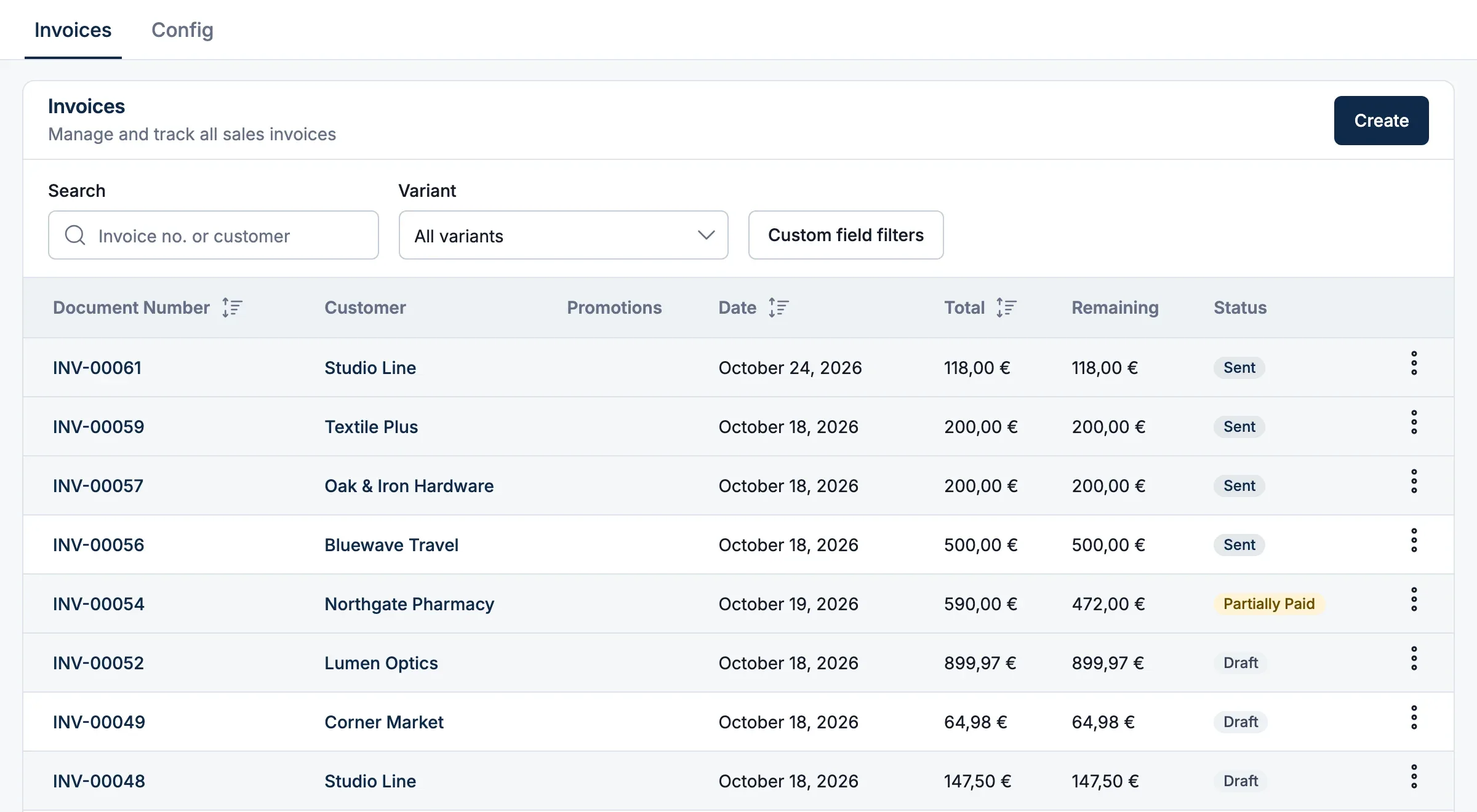 Keel Sync invoice list with Sent, Partially paid and Draft invoices