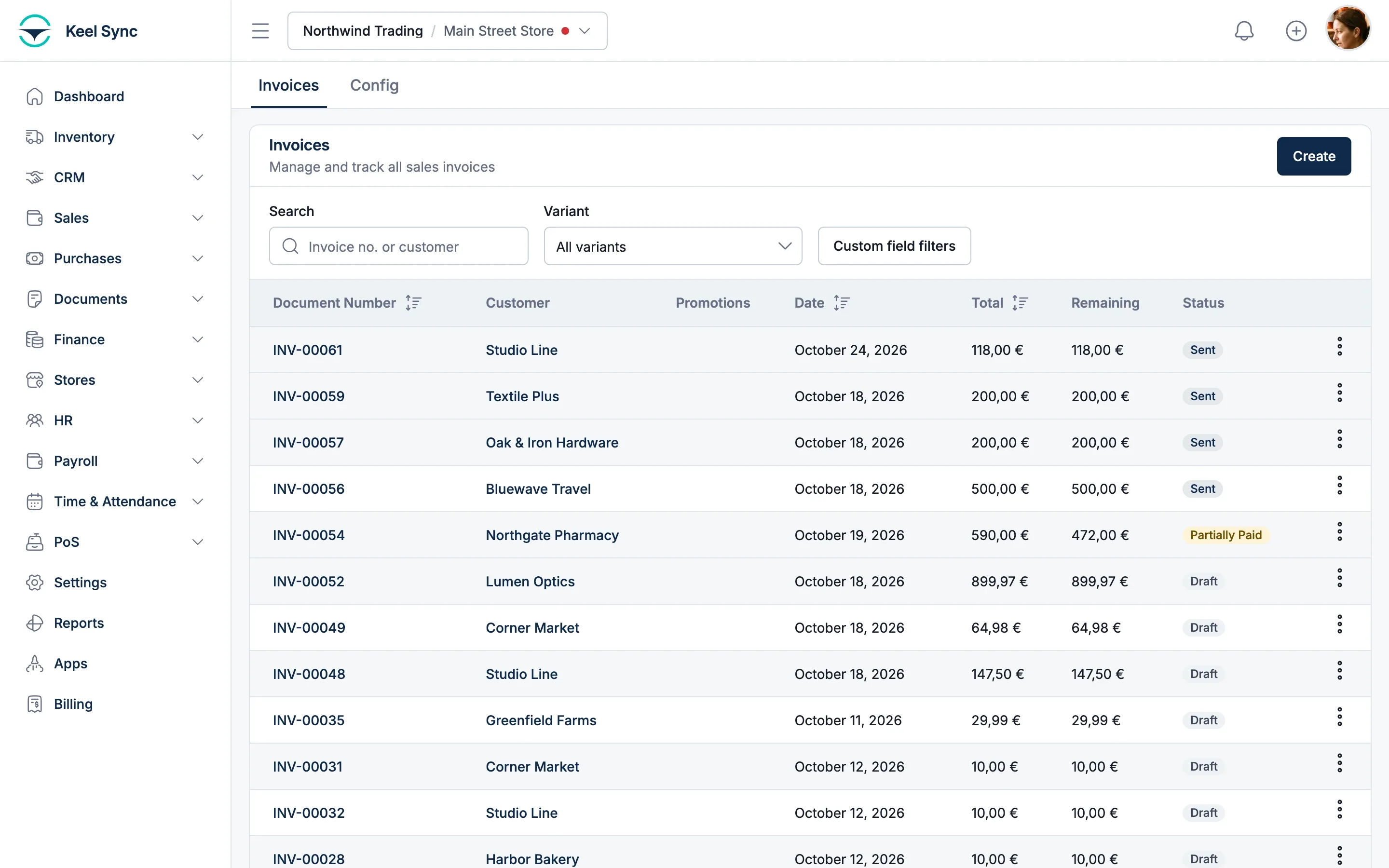 The Keel Sync invoices screen: document numbers, customers, dates, totals, amounts remaining and payment status