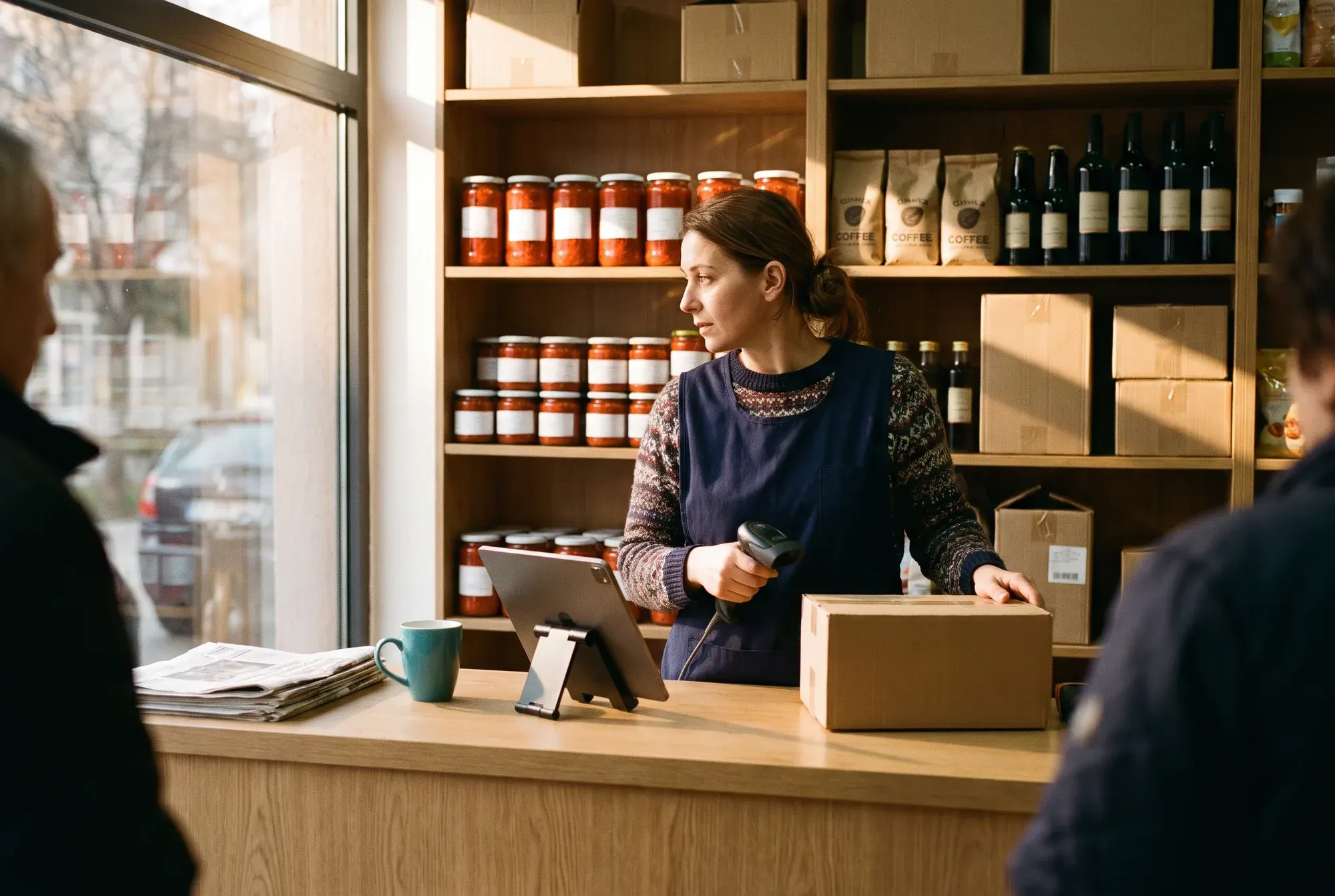 Shop owner scanning a product at the counter, with a tablet till beside her