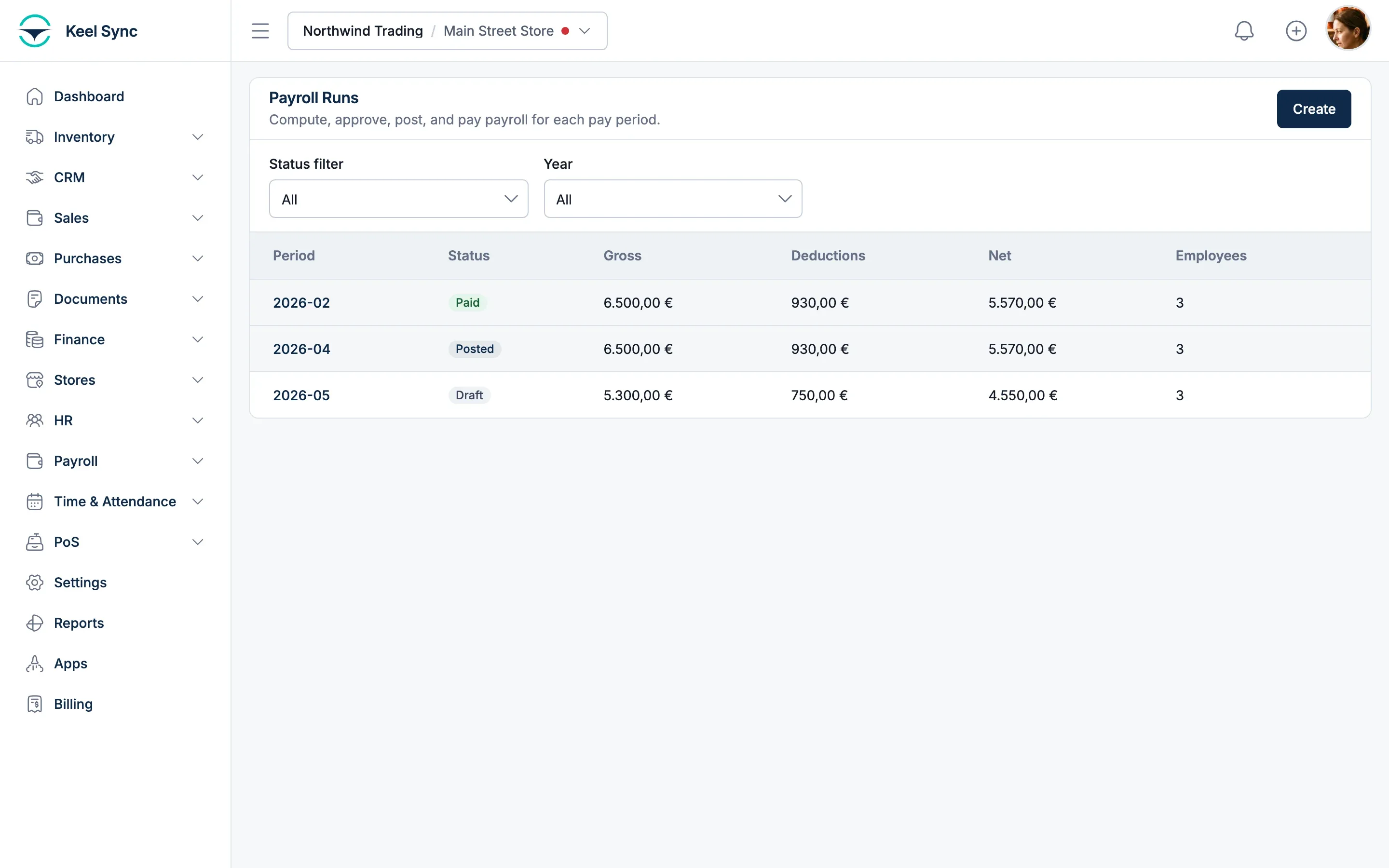The Keel Sync payroll runs screen: gross, deductions and net pay per period, with run status