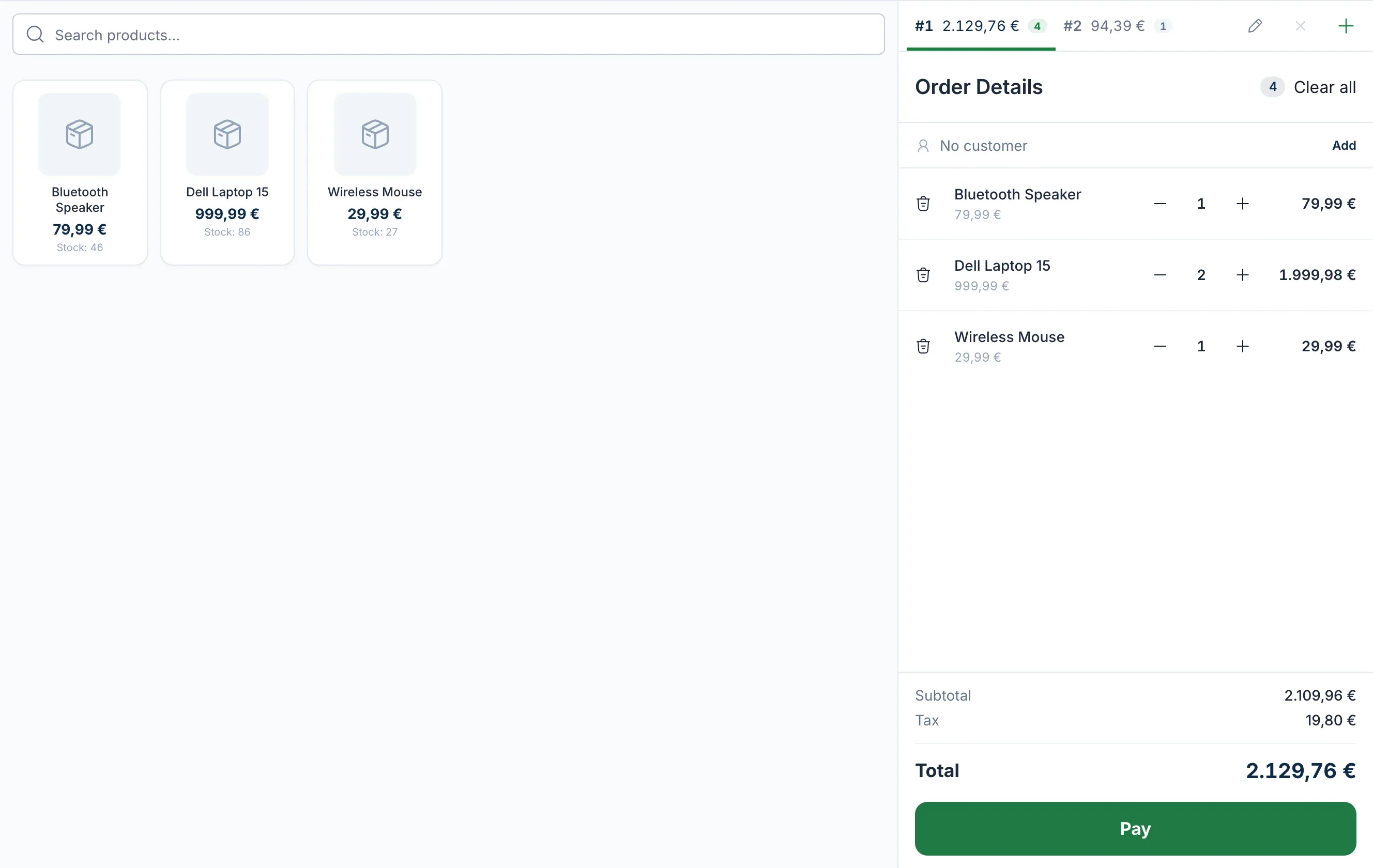 Keel Sync till with products and an open ticket ready to pay