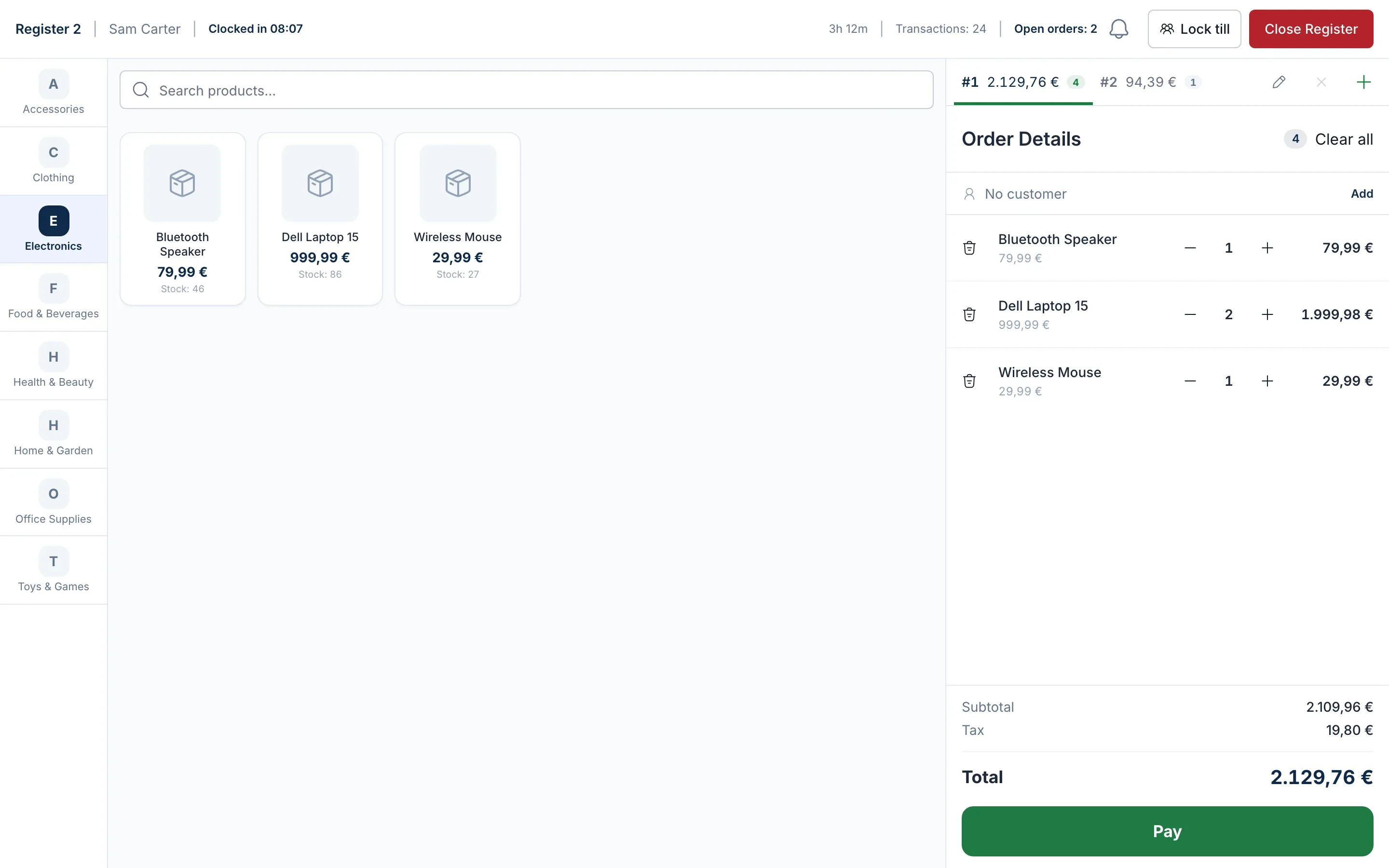The Keel Sync point of sale till: product categories, a product grid, two open orders and a ticket with quantities, tax and the total ready to charge