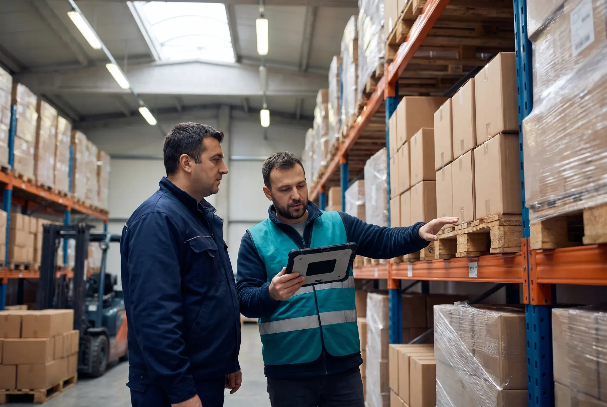 Two warehouse workers checking stock on the racking with a tablet